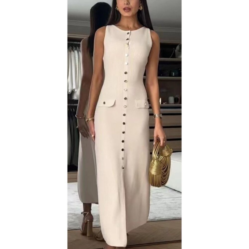 Women's Knit Maxi Dress Sleeveless Slim Fit Crew Neck Slit Bodycon Plus Size - Picture 6 of 6